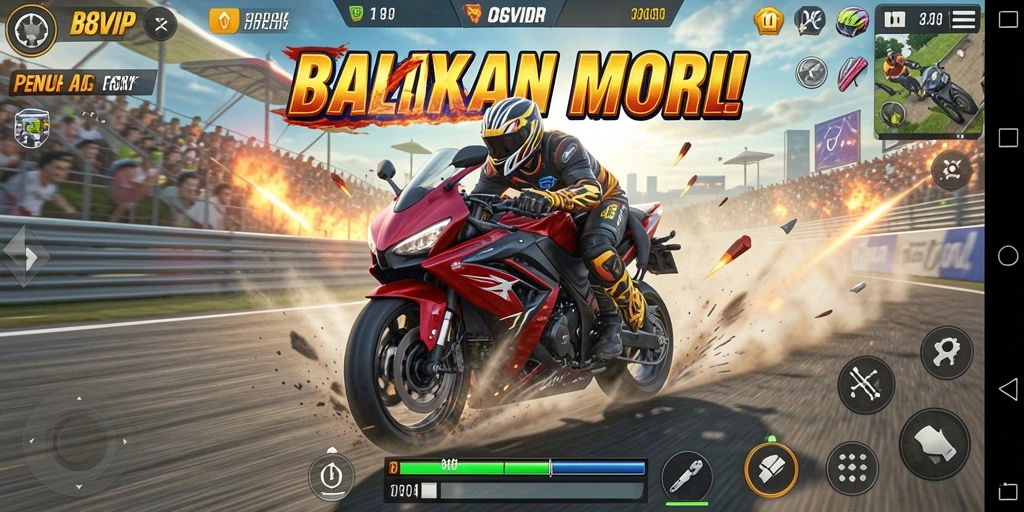 Tampilan gameplay B8VIP menampilkan aksi balapan motor yang mendebarkan.