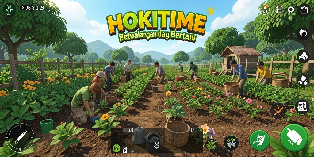 Tampilan gameplay HOKITIME yang menarik dengan berbagai tanaman yang tumbuh subur.