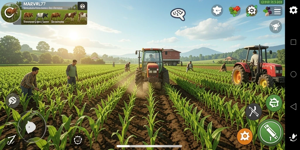 Tampilan gameplay MARVRL77 dengan ladang pertanian yang subur.