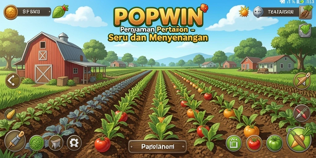 Tampilan screenshot utama POPWIN yang menunjukkan aktivitas bertani yang seru.