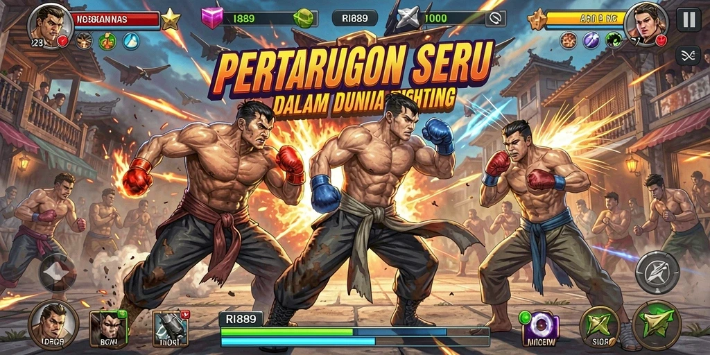 Screenshot gameplay RI889 menunjukkan aksi pertarungan yang mendebarkan dan karakter beragam.