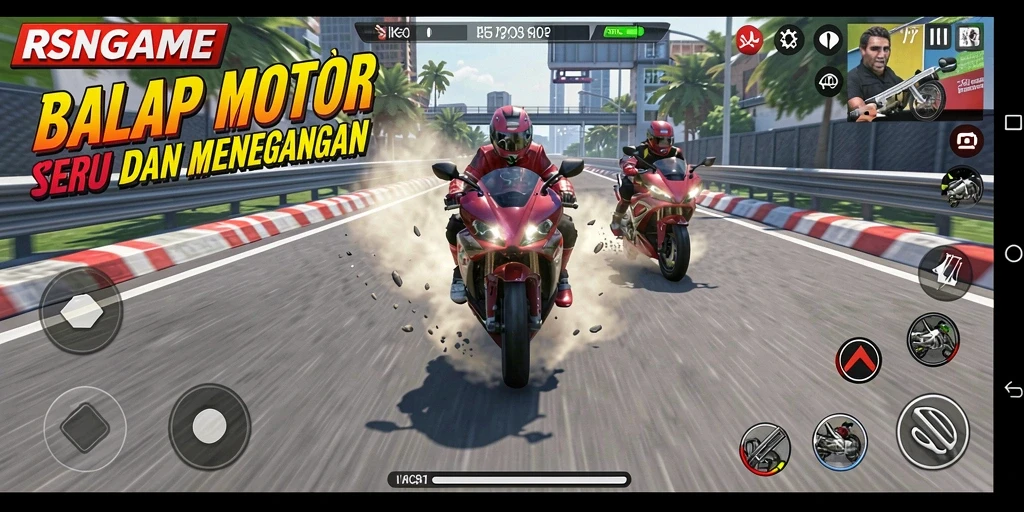 Gameplay RSNGAME yang seru dengan balap motor yang mendebarkan.
