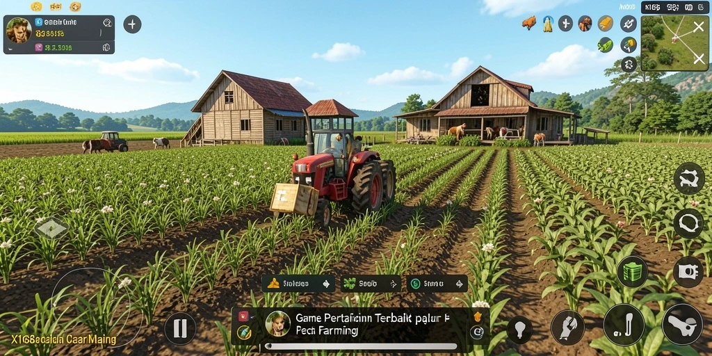 Screenshot gameplay X168 menunjukkan lahan pertanian yang indah dan menawan.